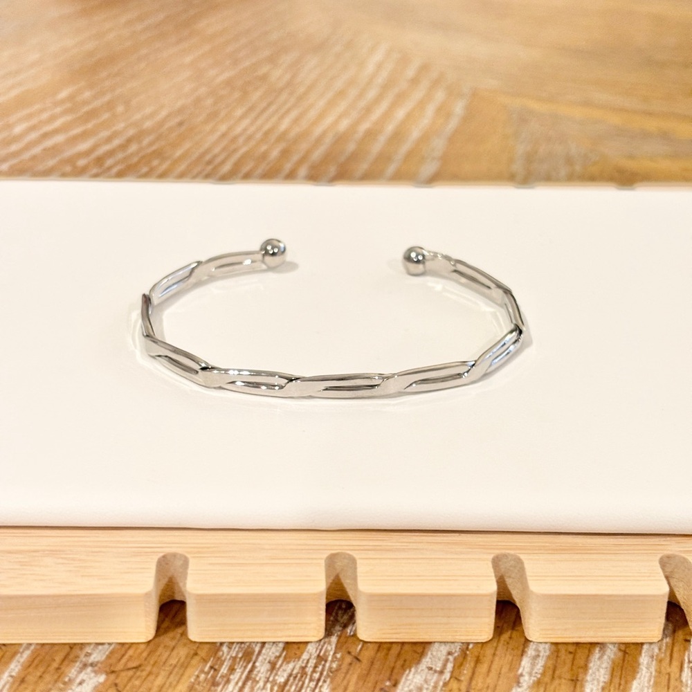 Silver Minimalist Cuff Bracelet Twisted Open Bangle Adjustable Modern Stackable